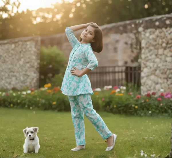 Aqua blue floral girls cotton co-ord set playful pose, soft and comfortable outfit for kids