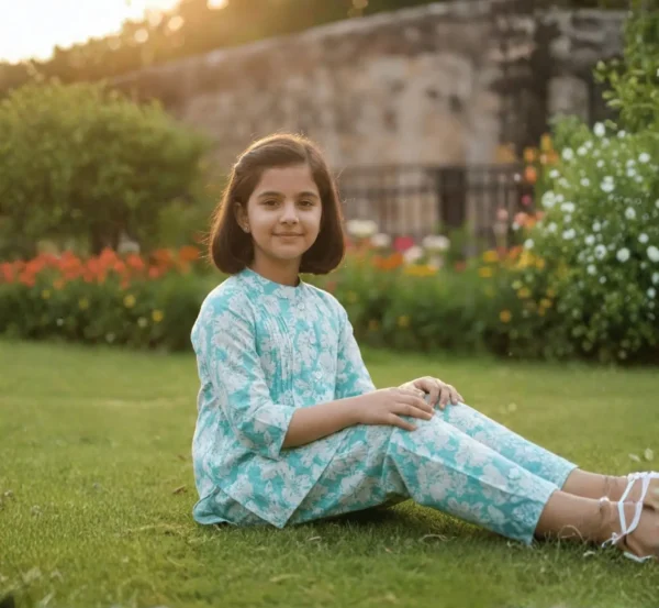 Aqua blue floral girls cotton co-ord set seated profile view, cozy and trendy outfit