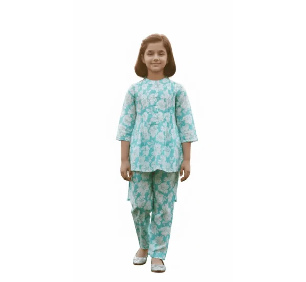 Aqua blue floral girls cotton co-ord set studio cutout, clean and stylish coordinated outfit