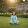 Aqua blue floral girls cotton co‑ord set, seated center view, comfortable and stylish kids outfit