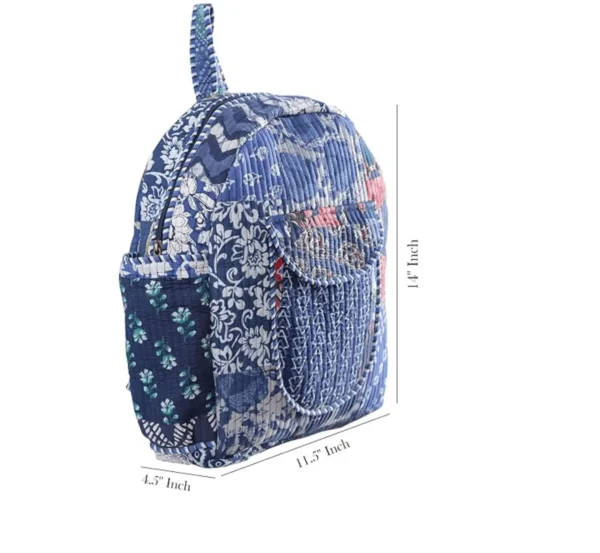 Blue patchwork quilted cotton backpack catalog image, stylish and functional school bag