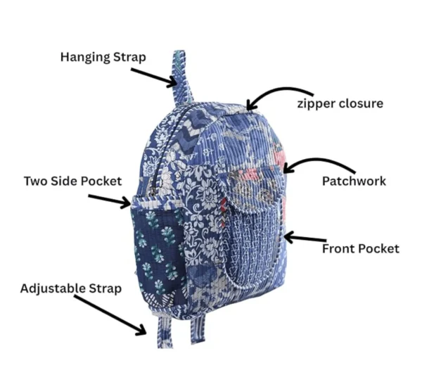 Blue patchwork quilted cotton backpack detail close-up, fabric texture and stitching quality