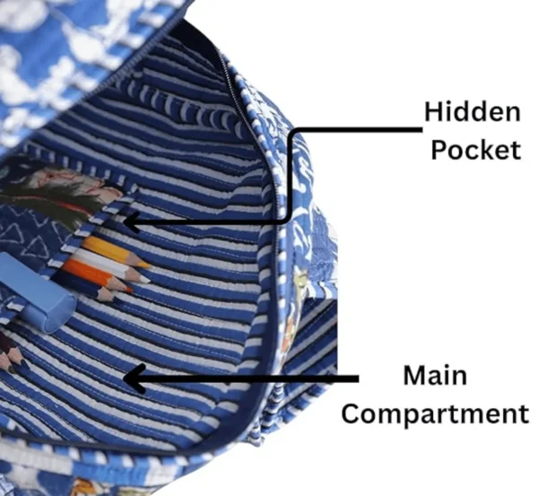 Blue patchwork quilted cotton backpack open view, multiple compartments and organized storage