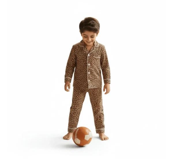 Leopard print cotton kids night suit catalog shot, detailed and stylish