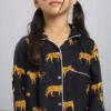 Kids black tiger print cotton night suit close-up, breathable fabric and detailed print design