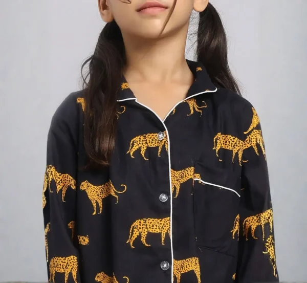 Kids black tiger print cotton night suit close-up, breathable fabric and detailed print design