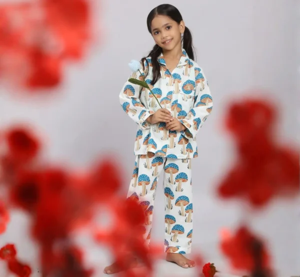 Kids mushroom print cotton night suit standing pose, comfortable and breathable nightwear