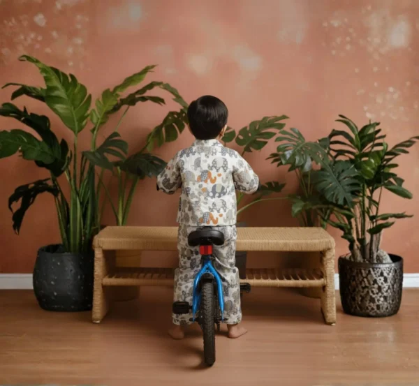 Multi elephant print kids night suit back view, soft and comfortable sleepwear for kids