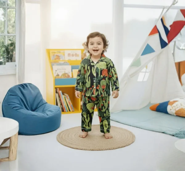 Black cactus print kids night suit laughing pose, fun and comfy nightwear for kids