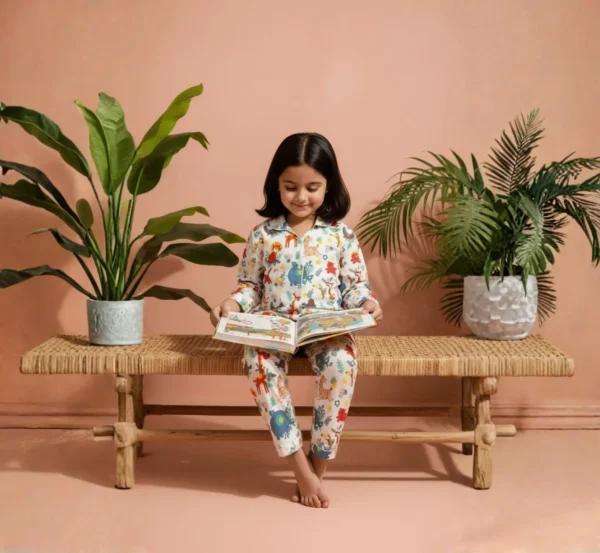 Full sleeve multi animal print kids night suit candid shot, natural and relaxed kids nightwear