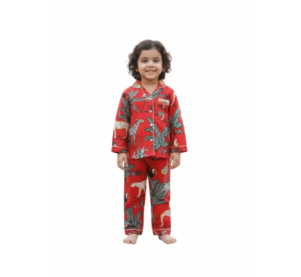Red jungle print kids night suit catalog style, soft and comfortable sleepwear
