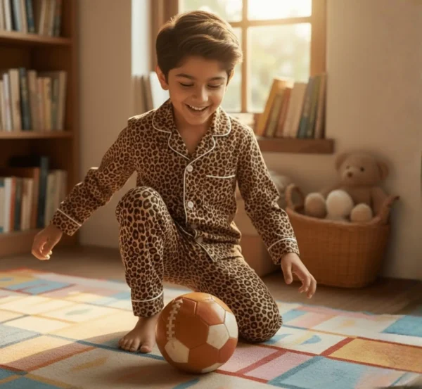 Leopard print cotton kids night suit playing pose, fun and comfy sleepwear