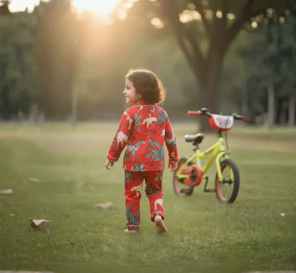 Red jungle print kids night suit back view, soft cotton sleepwear
