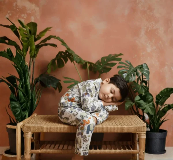 Multi elephant print kids night suit candid shot, natural and comfortable sleepwear