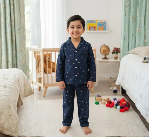 Navy Blue Kids Winter Night Suit in Soft Poplin Fabric