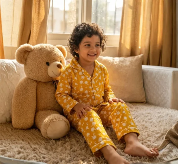 Cozy Yellow Apple Kids Night Suit for Winter hover view