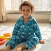 Kids sky blue cotton night suit front view, soft and comfortable nightwear