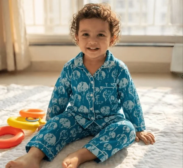 Kids sky blue cotton night suit front view, soft and comfortable nightwear