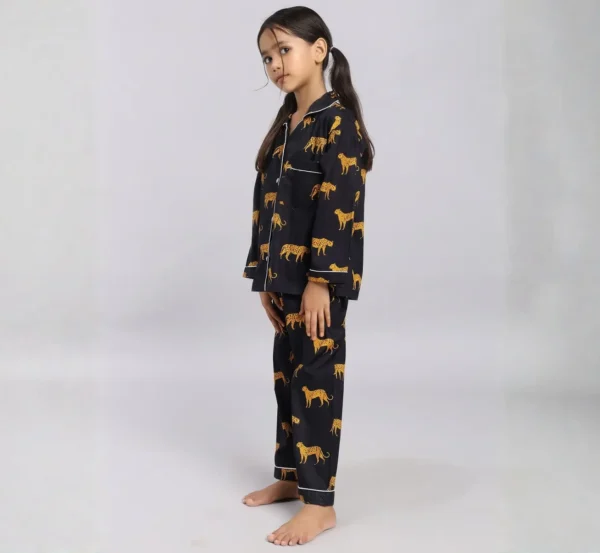Kids black tiger print cotton night suit side view, cozy and flexible sleepwear
