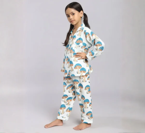 Kids mushroom print cotton night suit side view, stylish and comfortable nightwear
