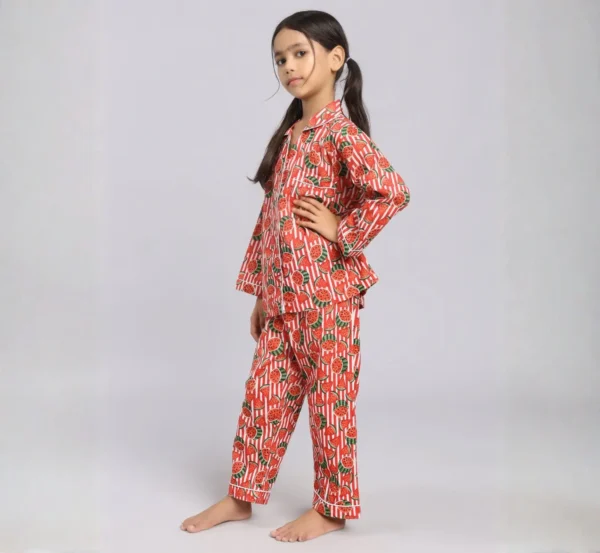 Kids watermelon print cotton night suit side view, cozy and flexible nightwear
