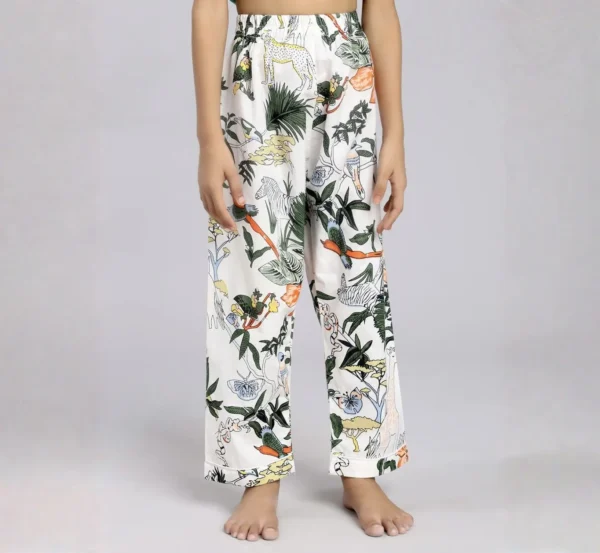 Kids white jungle print cotton night suit bottom detail, soft fabric and comfortable fit