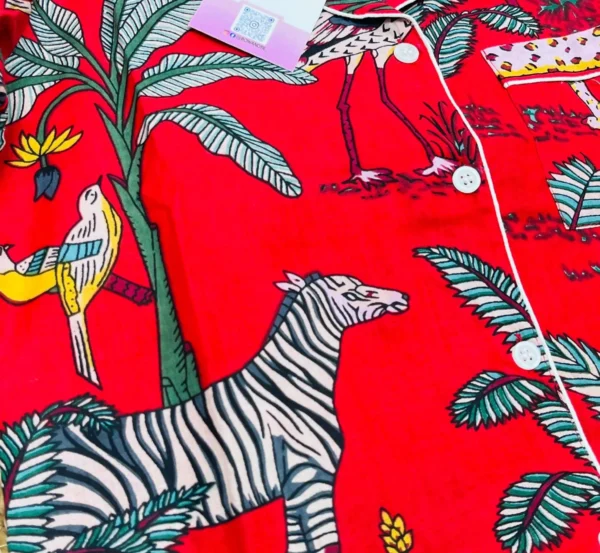 Red jungle print kids night suit front view, soft and comfortable sleepwear for kids