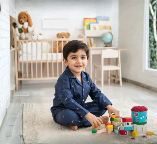 Navy blue kids winter night suit candid shot, natural and snug winter sleepwear