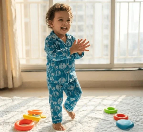 Kids sky blue cotton night suit happy kid pose, soft and playful sleepwear