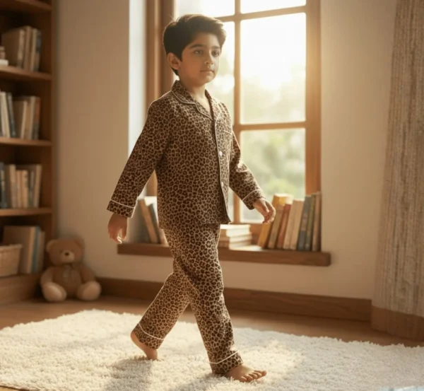 Leopard print cotton kids night suit candid shot, natural and comfortable sleepwear