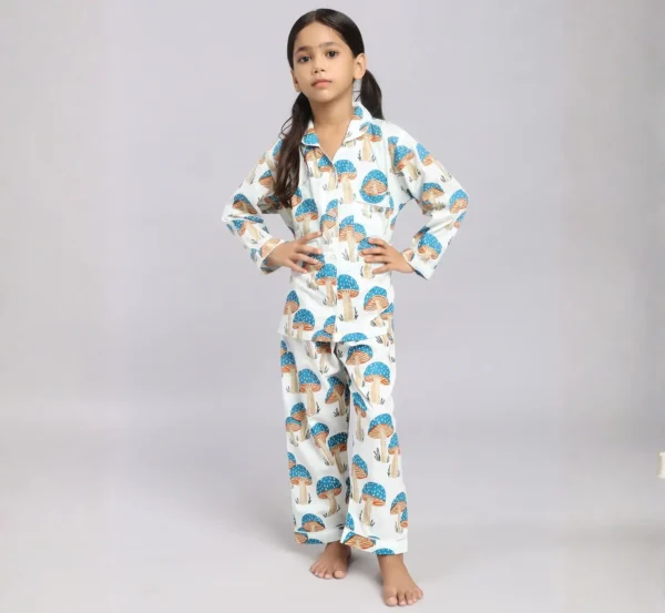 Kids mushroom print cotton night suit candid shot, cozy and playful nightwear