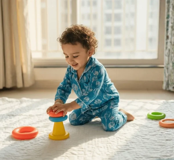 Kids sky blue cotton night suit playing pose, flexible and comfortable sleepwear