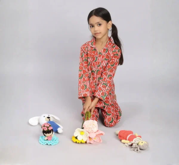 Kids watermelon print cotton night suit sitting pose, soft and cozy nightwear