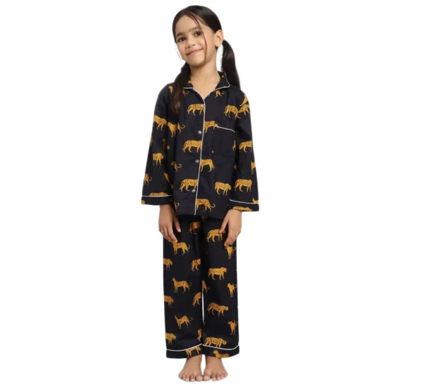 Kids black tiger print cotton night suit catalog image, stylish and breathable kids nightwear
