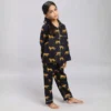 Kids black tiger print cotton night suit standing pose, comfortable and stylish nightwear