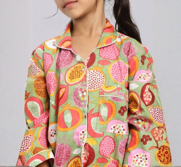 Kids mix fruit print cotton night suit top detail, soft fabric and colorful print