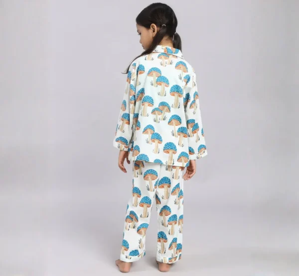 Kids mushroom print cotton night suit back view, breathable and cozy sleepwear