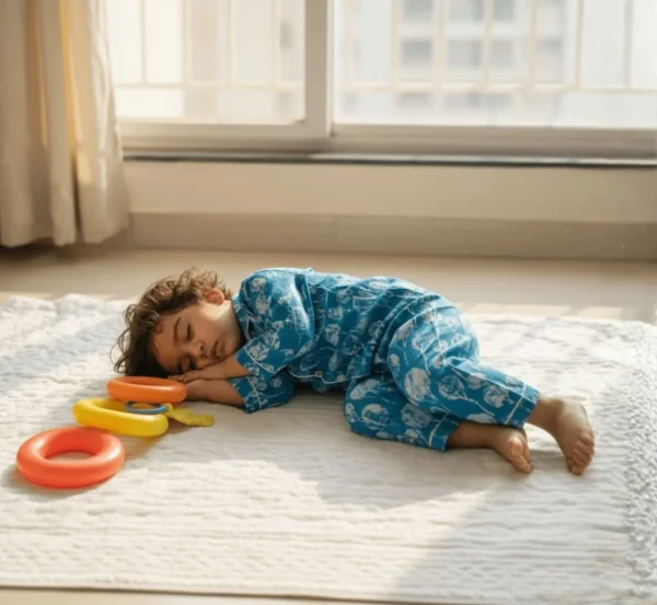 Kids sky blue cotton night suit candid shot, cozy and stylish sleepwear