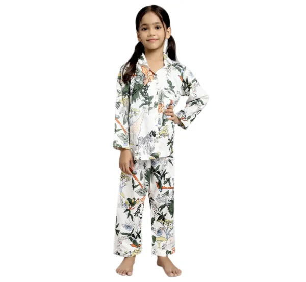 Kids white jungle print cotton night suit catalog image, stylish and comfortable nightwear