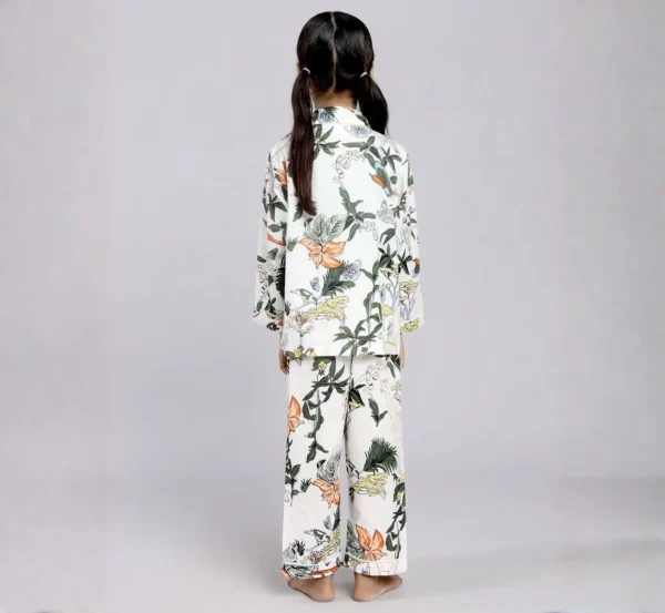 Kids white jungle print cotton night suit back view, soft and breathable sleepwear
