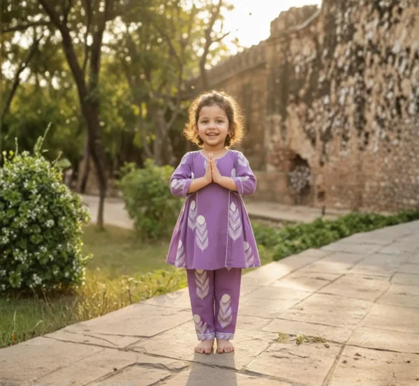 Light purple girls cotton co-ord set full length pose, comfortable and trendy kids wear