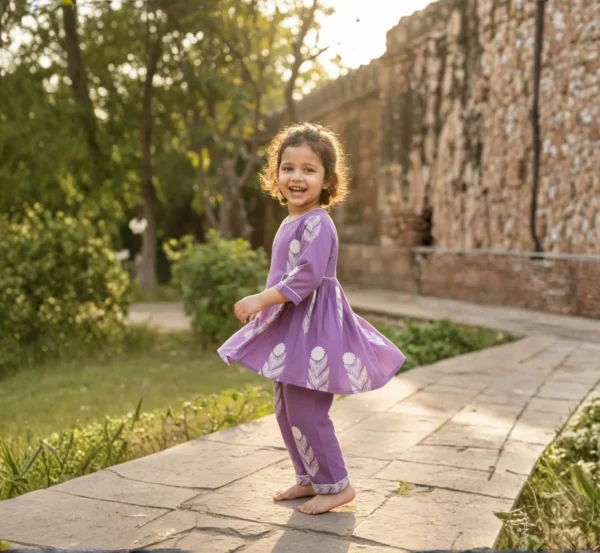 Light purple girls cotton co-ord set playful pose, fun and flexible kids outfit