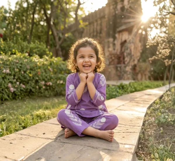 Light purple girls cotton co-ord set seated centered pose, cozy and stylish outfit