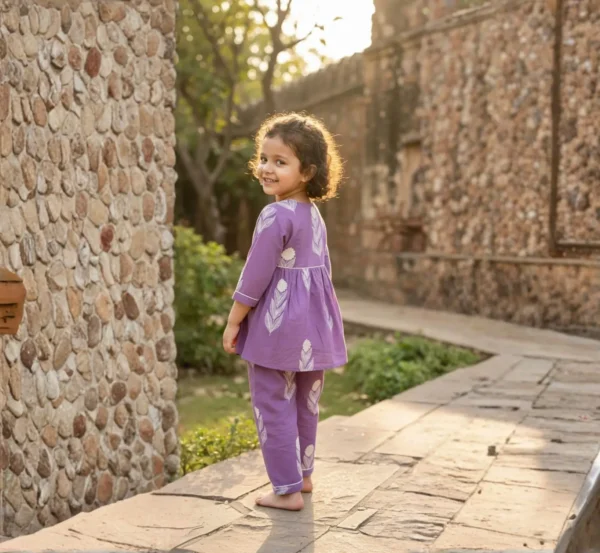 Light purple girls cotton co-ord set side pose, relaxed and stylish everyday wear