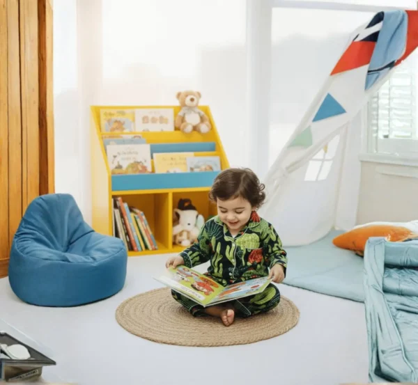 Black cactus print kids night suit candid shot, cozy and playful nightwear for kids