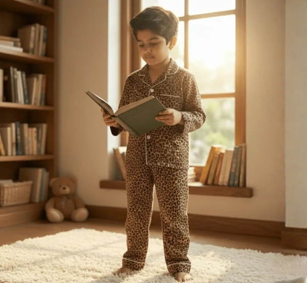 Leopard print cotton kids night suit full length view, comfortable cotton sleepwear