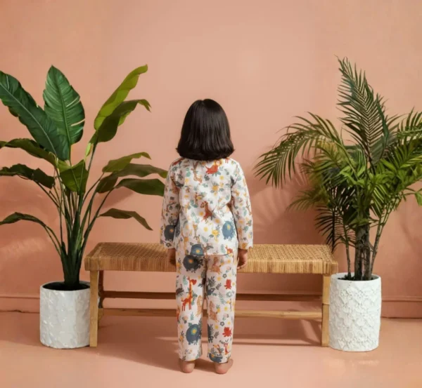 Full sleeve multi animal print kids night suit back view, soft and cozy sleepwear