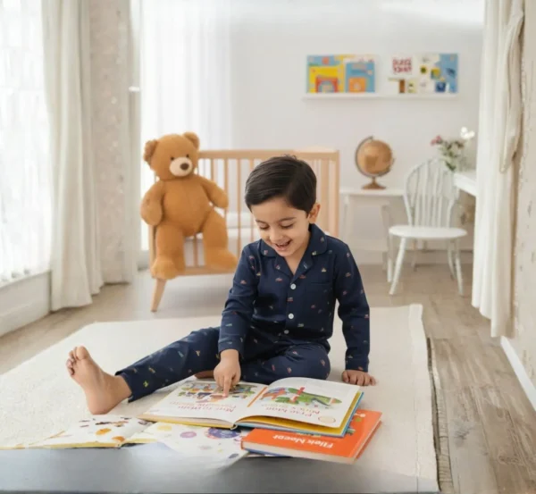 Navy blue kids winter night suit sitting pose, comfy and warm sleepwear