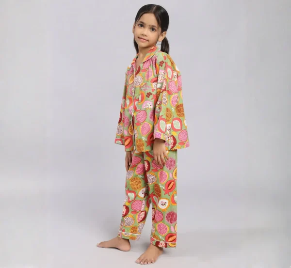 Kids mix fruit print cotton night suit side view, cozy and flexible sleepwear