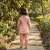 Peach floral girls cotton co-ord set back view, breathable and comfortable outfit
